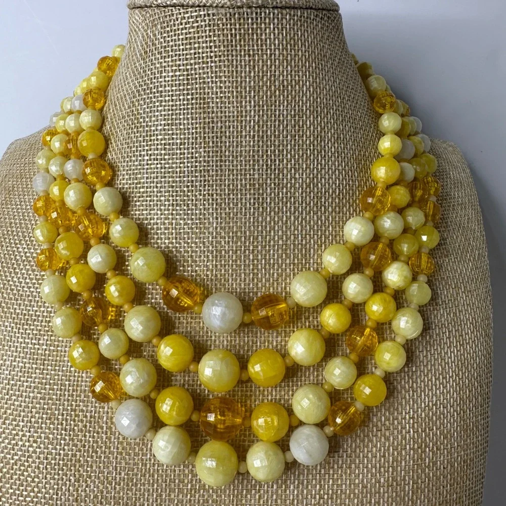 Vintage Yellow Beaded‎ Four Strand Statement Necklace Plastic Layered Sunny Mod